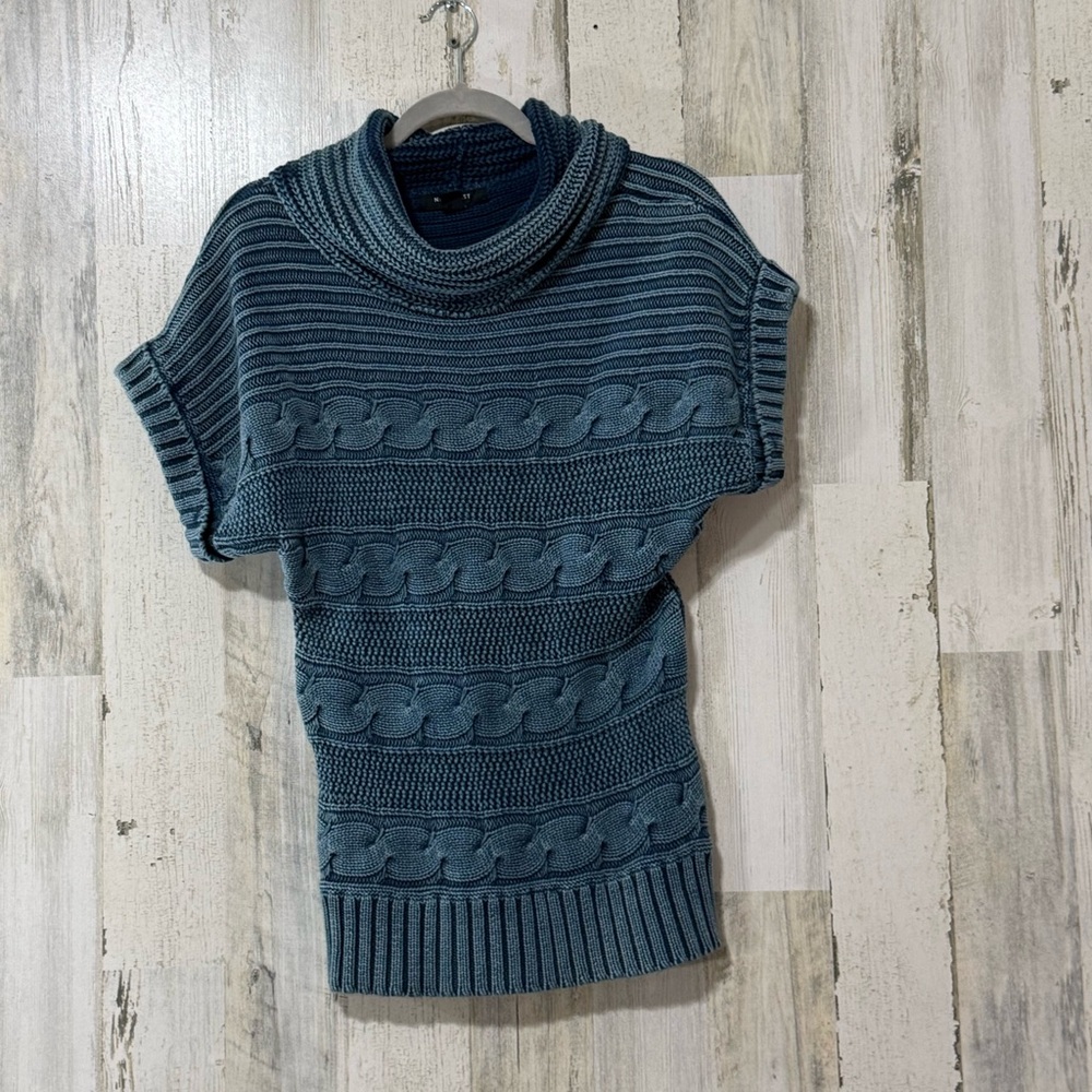 Women's Blue Cowl Neck Short Sleeve Sweater